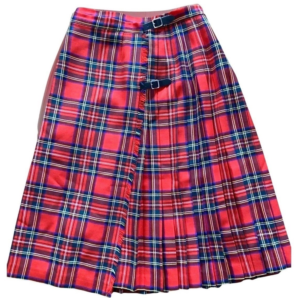 Vintage Meigle Kilt Skirt Women Pure Wool Red Plaid Pleated Buckle Made Scotland - Picture 2 of 15